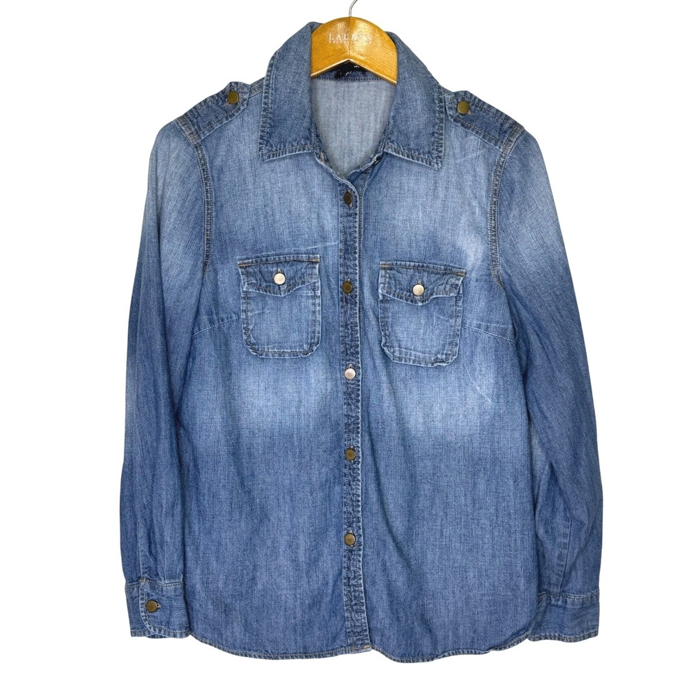 Gap Button Front Denim Shirt Women's Large Faded Blue Shoulder Tabs